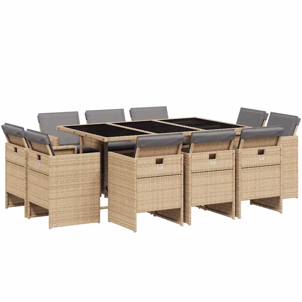 Set Pranzo da Giardino vidaXL in Polyrattan con Cuscini Beige, Nero e Grigio, 11 Pezzi con Tavolo in Vetro – 2