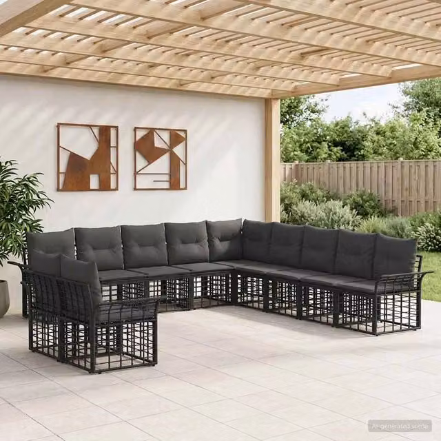 Set di divani da esterno 11 pz Nero e Grigio scuro Poliestere 3437723