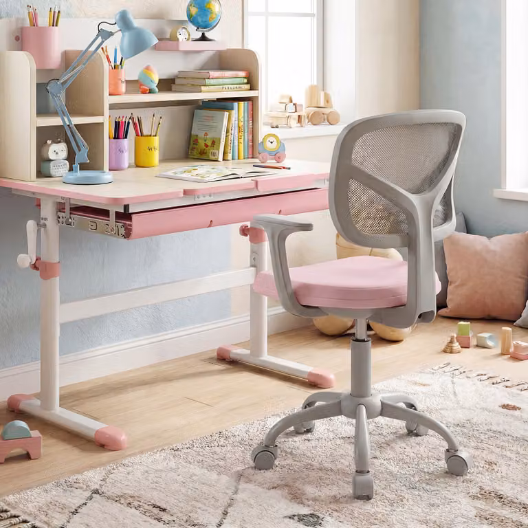 Sedia da scrivania girevole per bambini Costway, sedile in tessuto rosa con ruote