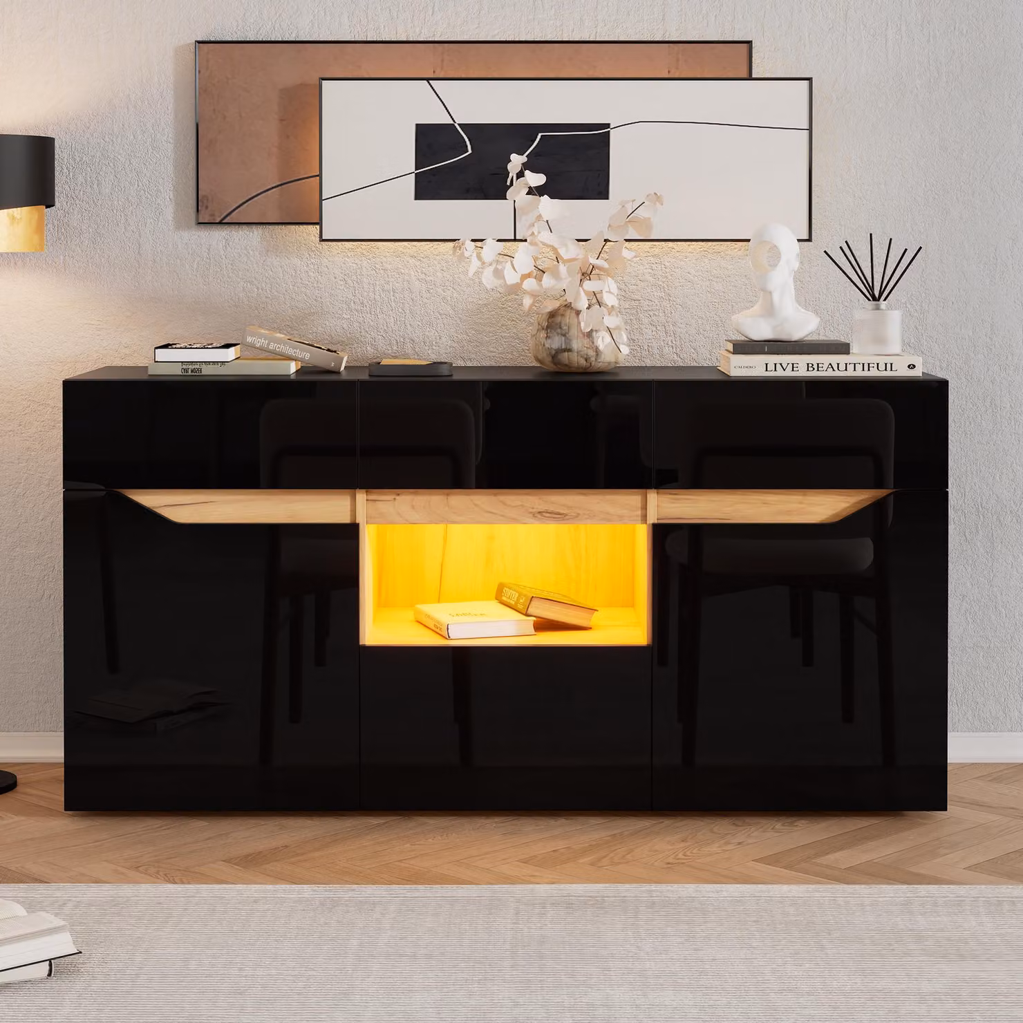 Credenza Merax 140 cm con frontale lucido, controllo tramite app LED, cassettiera con 4 cassetti e 2 armadi, design scandinavo, nero+legno naturale