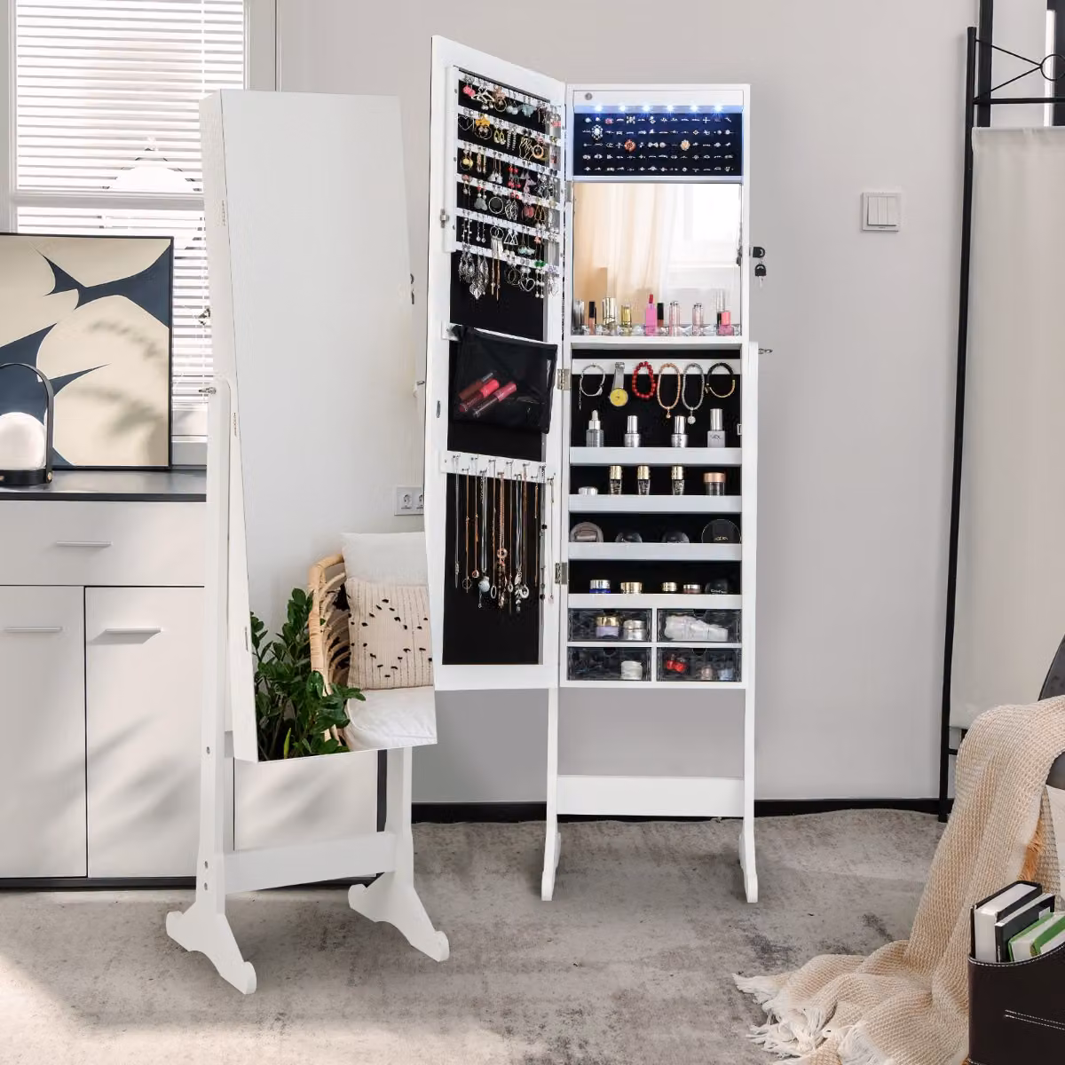 Armadio porta gioielli Costway con specchio a figura intera, serratura e cassetti in acrilico, colore bianco