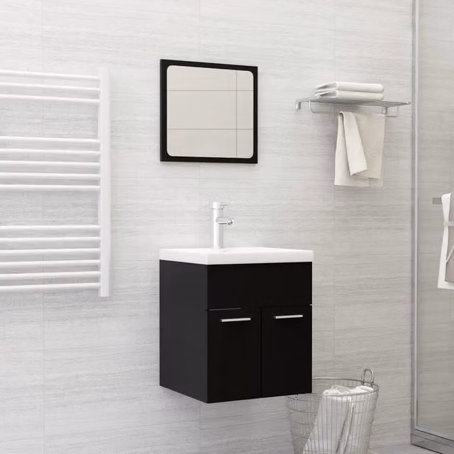 Set Mobili da Bagno Moderno vidaXL con Mobile Lavabo e Armadietto Specchio Nero Opaco in MDF e Legno – 1