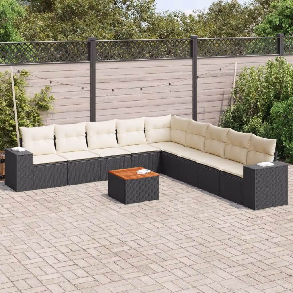 vidaXL Set Divani da Giardino a Forma di L con Cuscini e Tavolino, Polyrattan e Acciaio Nero – 1