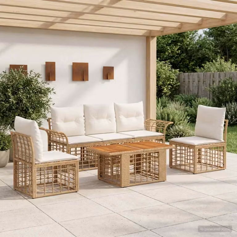 Set Divano da Giardino vidaXL 6 Pezzi in Polyrattan con Cuscini e Tavolino da Caffè, Colore Naturale e Bianco Crema