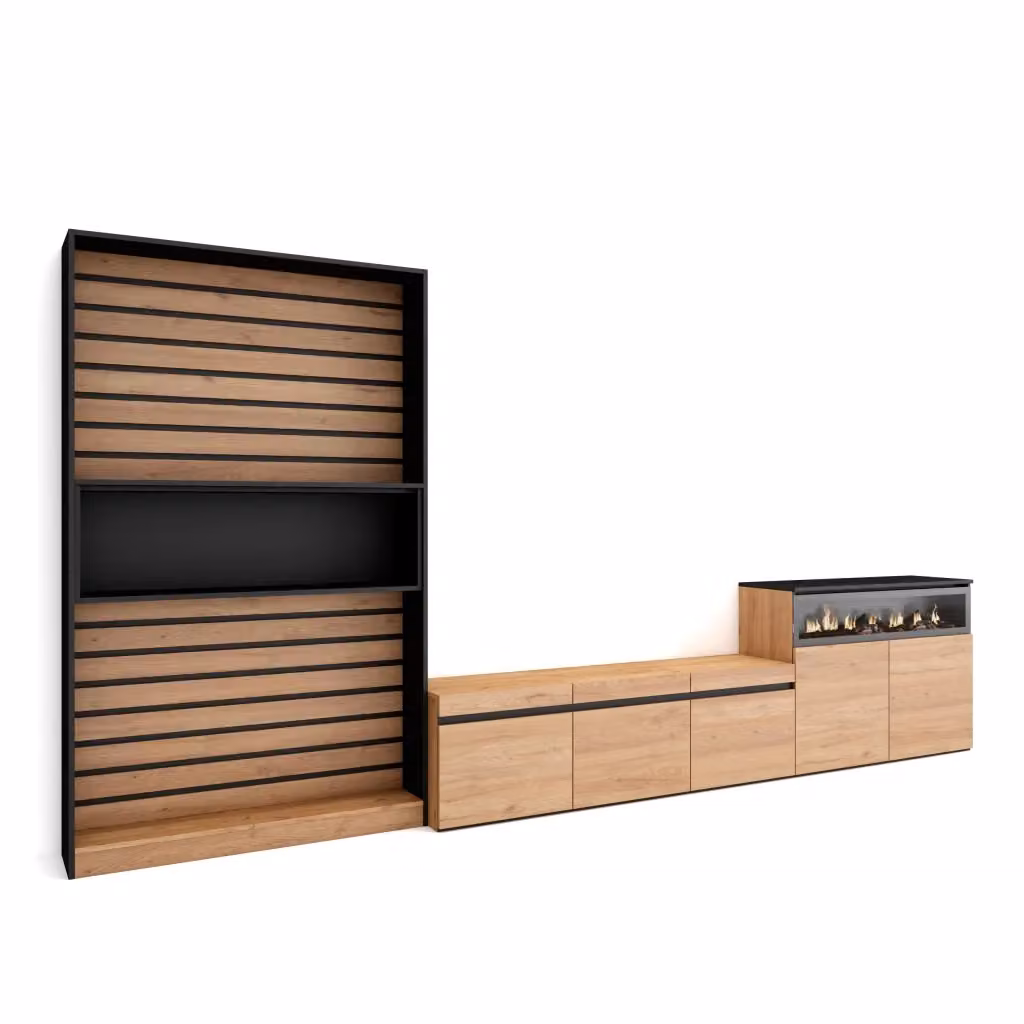 Mobile TV da soggiorno SKRAUT HOME con camino elettrico e illuminazione integrata, Rovere e Nero, L: 360 cm, P: 35 cm, H: 186 cm – 2
