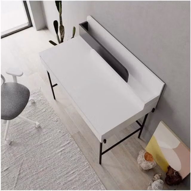 Scrivania bianco con dettagli antracite e gambe nere Leila 110x60x101