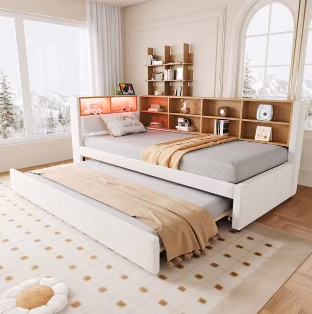 Divano letto 90x200 cm beige in flanella, con letto estraibile e LED