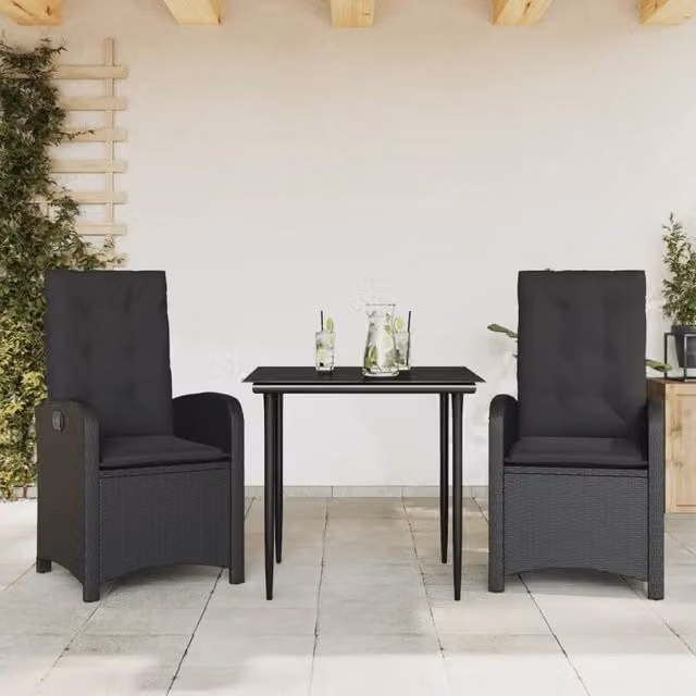 Set da Pranzo da Giardino 3 pz con Cuscini Nero in Polyrattan 3212310