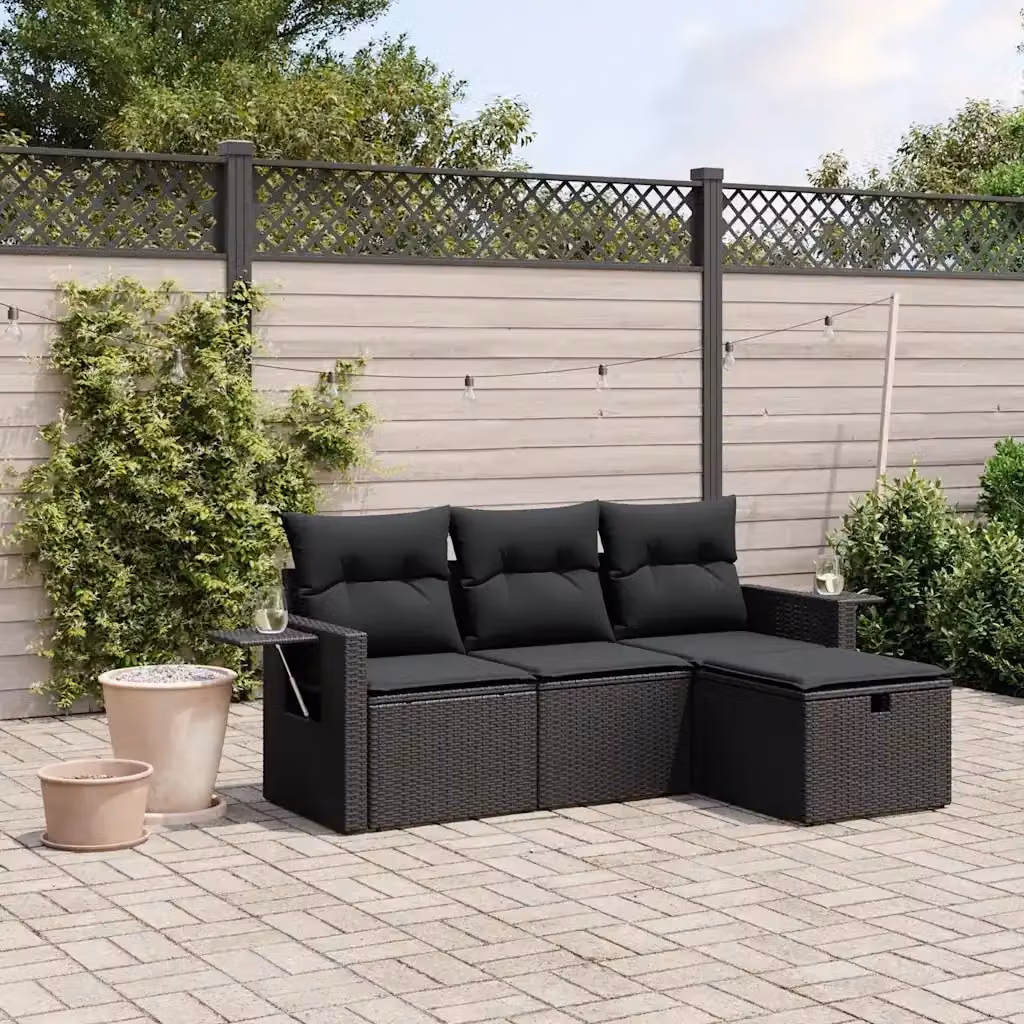 Set Salotto da Giardino Outsunny a Forma di L in Polyrattan Nero con 4 Pezzi e Cuscini Imbottiti – 2