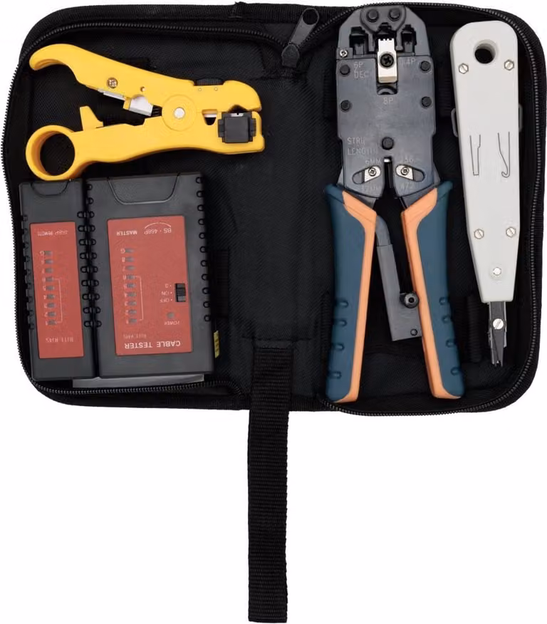 Kit LAN XtendLan - Pinze a crimpare Profi RJ-45-12-11-10, spelafili/spelafili, crimpatrice, tester