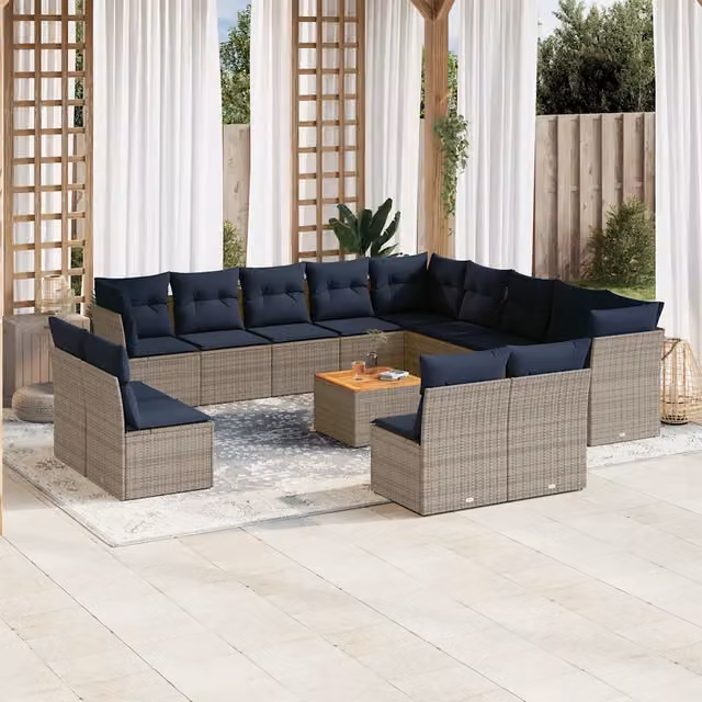 Set di Divani da Giardino a Forma di U vidaXL in Polyrattan Grigio e Blu con Cuscini e Tavolino da Esterno