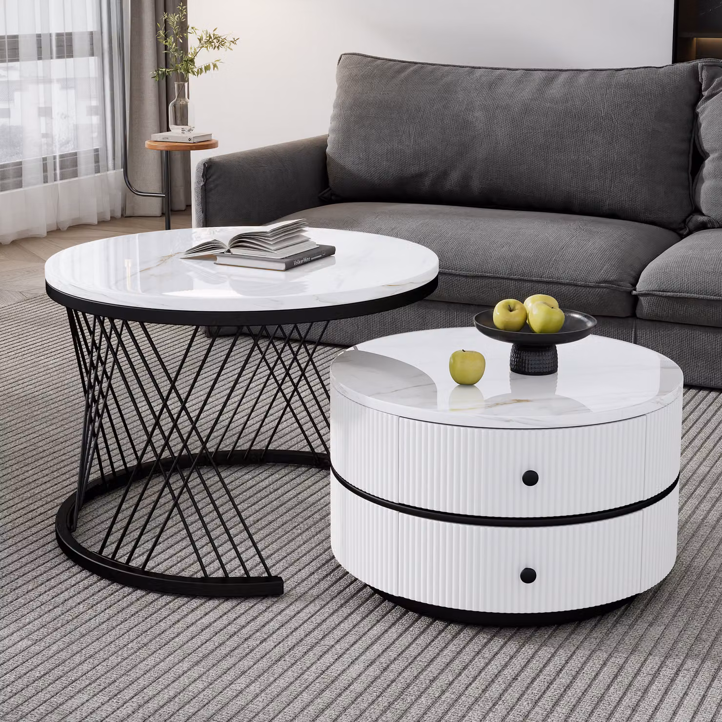 Abrihome set di 2 tavolini da salotto, tavolino con motivo in marmo e struttura in metallo, nero