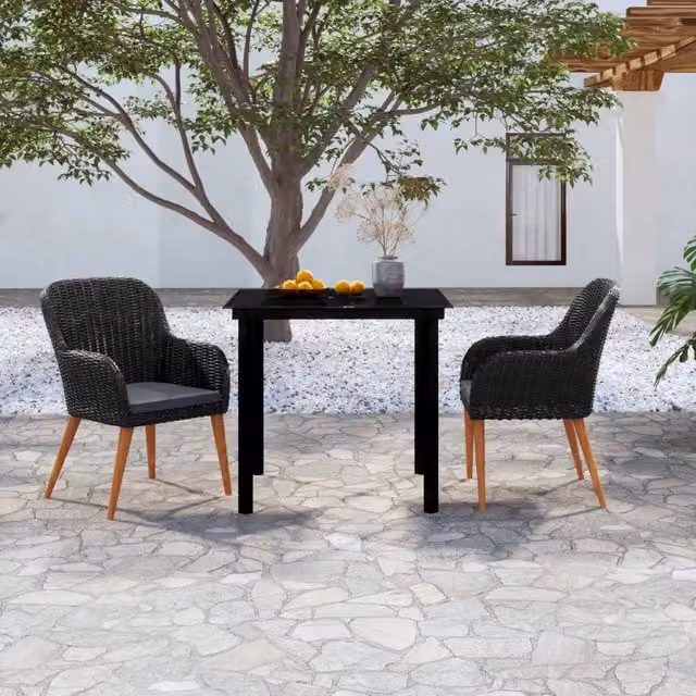 Set da pranzo da giardino moderno vidaXL in rattan e legno di acacia con piano in vetro, colore nero e grigio – 1