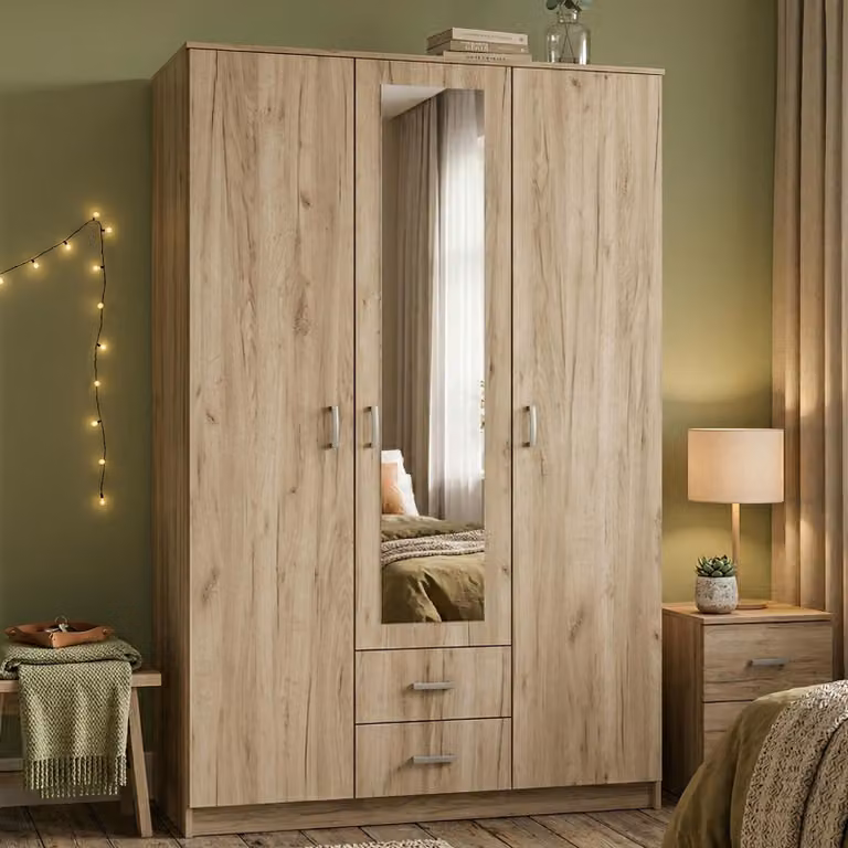 Dmora Guardaroba 3 Ante Crati 120x52 cm Marrone Rovere, Appendiabiti 2 Cassetti