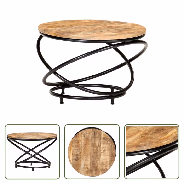 The Living Store Tavolino nero 60x60x40 cm Legno massello di mango grezzo