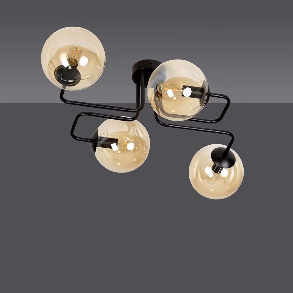 Plafoniera Emibig in metallo e vetro nero e oro con diffusori ambra, diametro 55 cm – 2