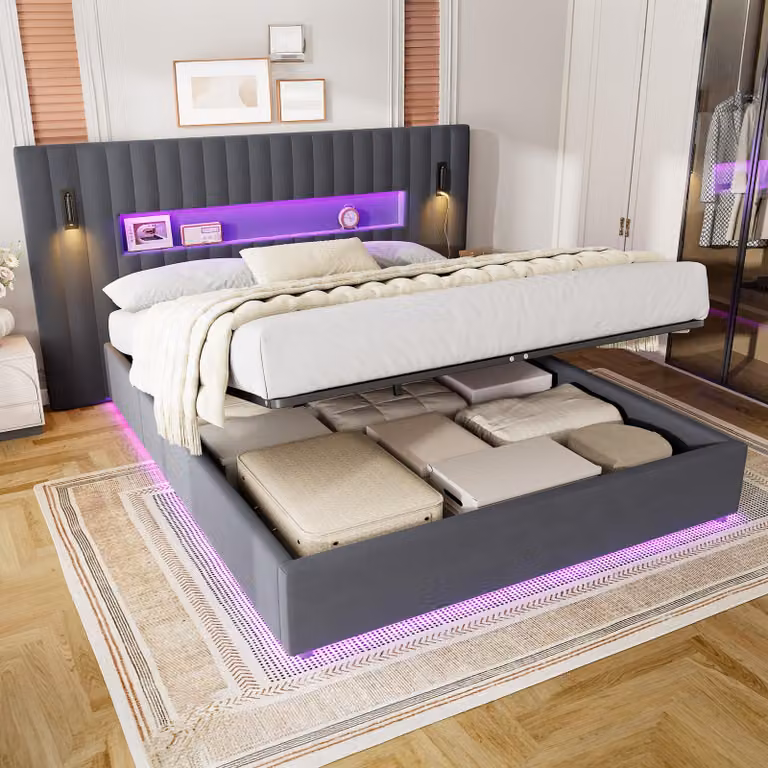 Letto matrimoniale MODFU 180x200, imbottito in velluto con alta testiera. Letto a molle con sistema idraulico, adatto anche per ragazzi, con luci LED e porta USB, senza materasso, colore grigio