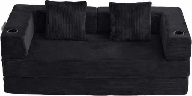Divano Letto Piattaforma in Velluto a Coste Nero, Convertible con Poggiatesta, Braccioli, Portabicchieri e Tasca Laterale
