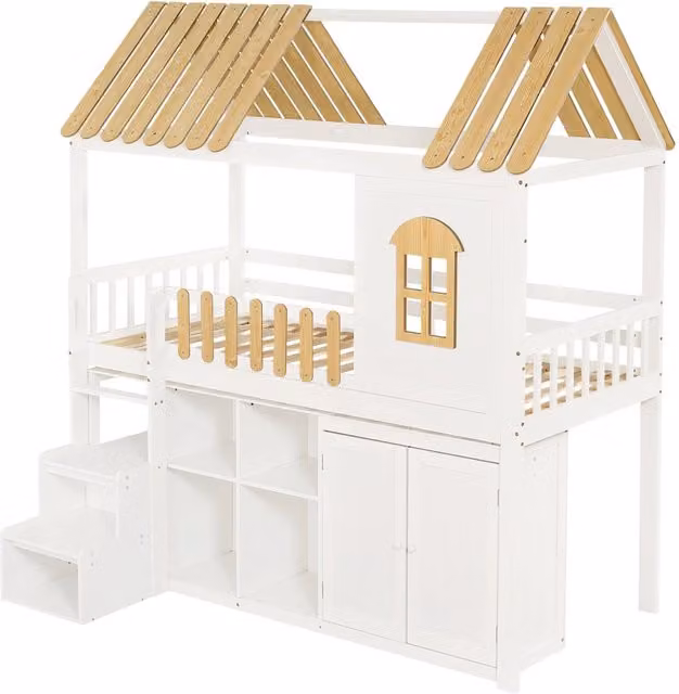 Letto a castello in pino e MDF 90x200 cm con armadio, scaletta sicura e ampio spazio contenitivo bianco e naturale