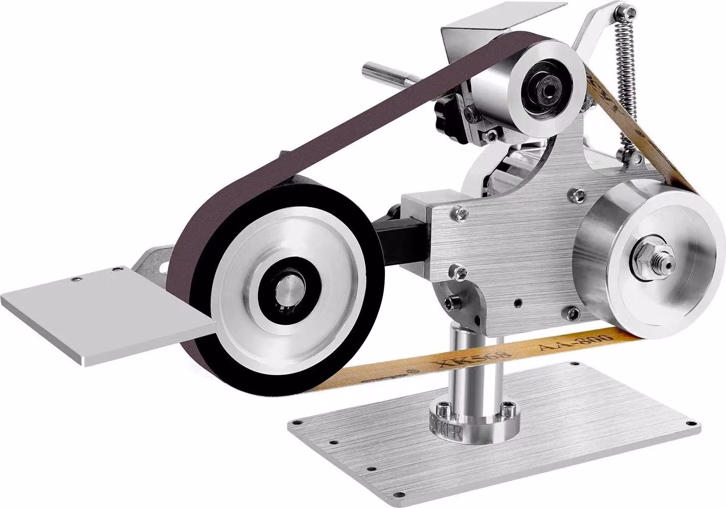Levigatrice a nastro - Modello da tavolo - 550 W - 5000 giri/min - Nastro 762 x 25 mm - Velocità nastro 30 m/s - Angolo regolabile - Per metallo e legno - Argento