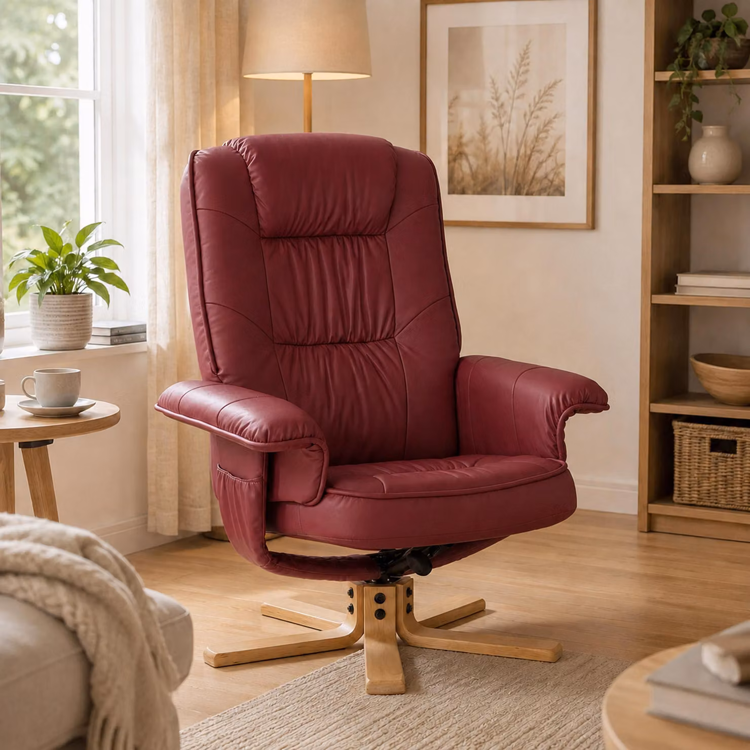 Poltrona relax, poltrona TV, poltrona senza poggiapiedi, modello M56, rivestita in ecopelle, certificata MVG, colore bordeaux