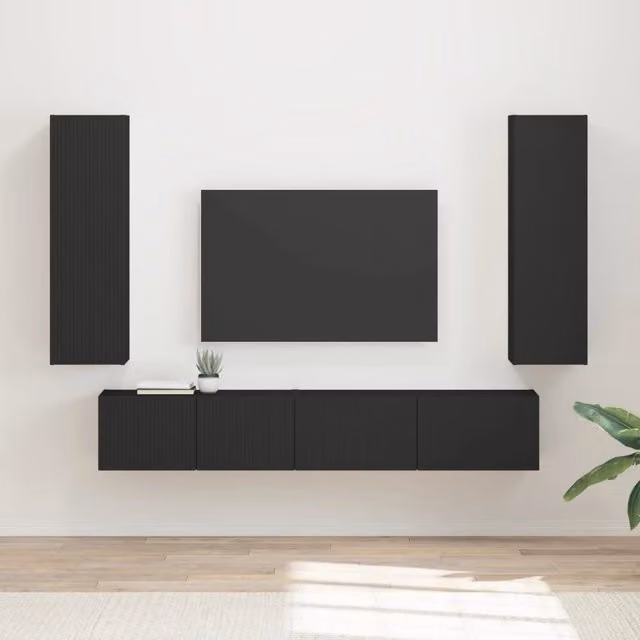 Set mobile TV moderno composto da 3 pezzi con credenza e montaggio a parete in legno multistrato nero opaco – 1