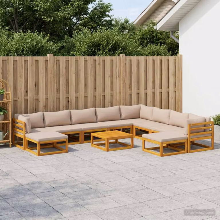 Set di divani da giardino vidaXL in legno di acacia massello con cuscini beige e tavolo da caffè, composizione a U composta da 11 pezzi per esterno