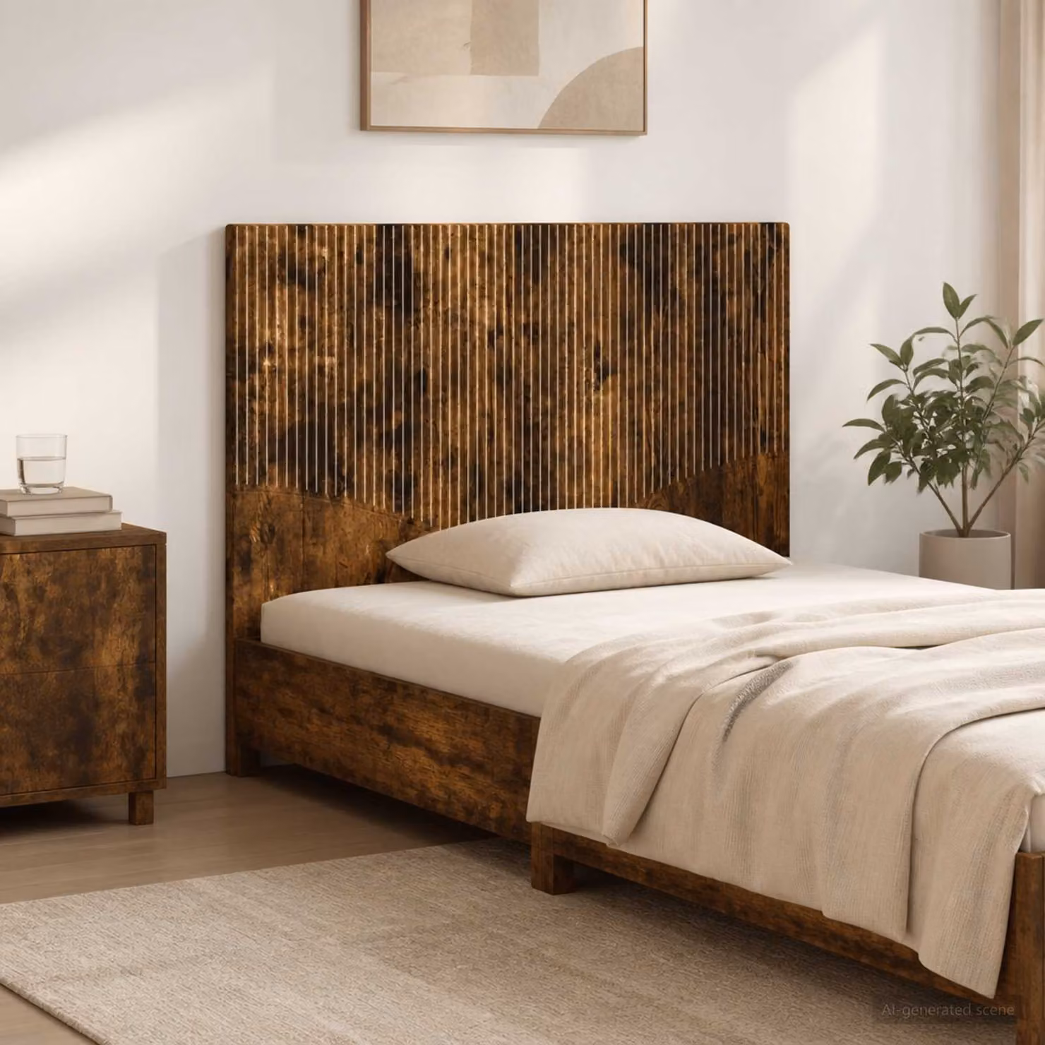 Testiera da muro vidaXL HOORN in legno ingegnerizzato Rovere Fumo con mensola integrata, marrone