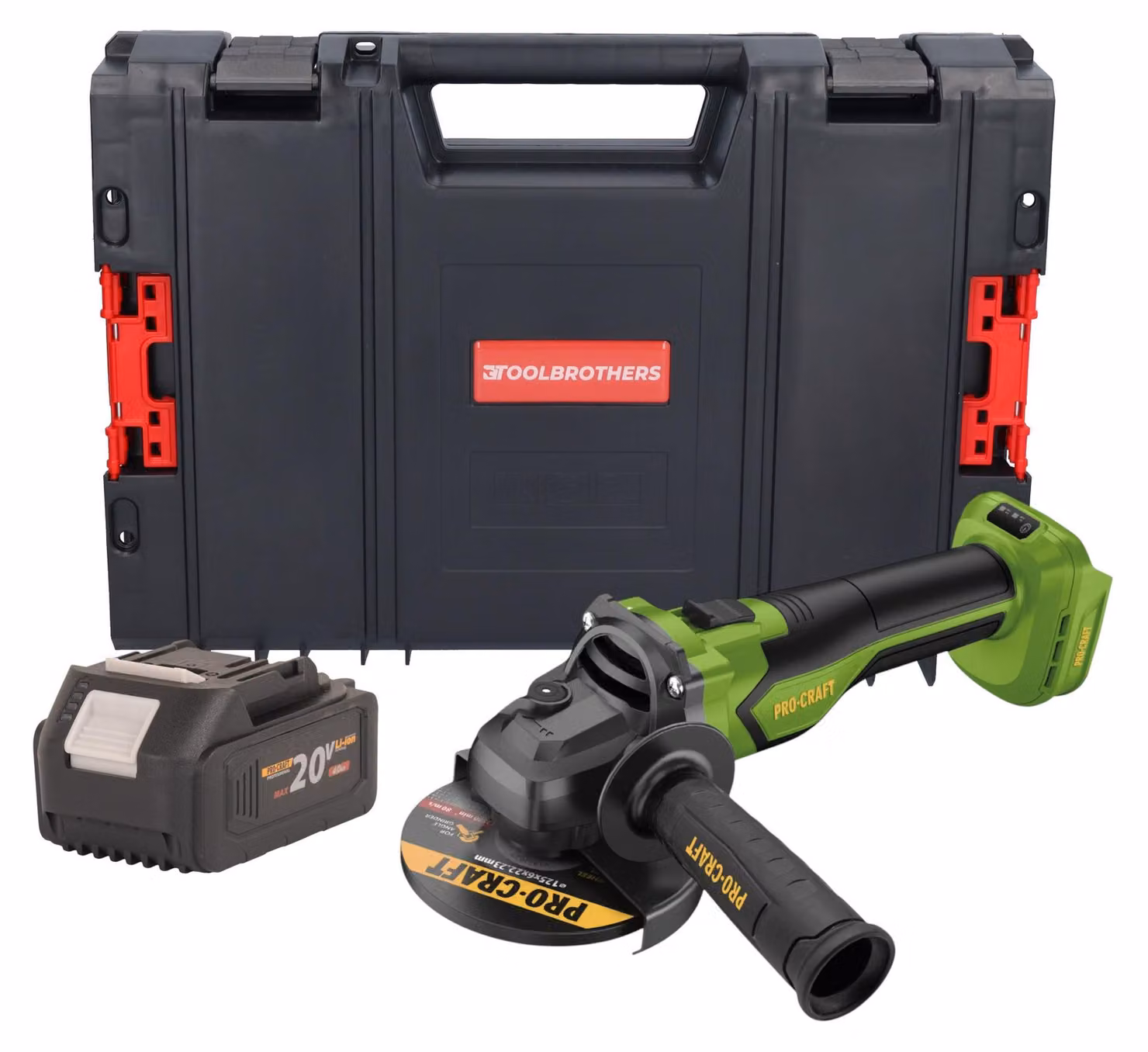 Smerigliatrice angolare a batteria Procraft PGA22-BB 20 V 125 mm Brushless + 1x batteria 4,0 Ah + valigetta portautensili RHINO - senza caricabatteria
