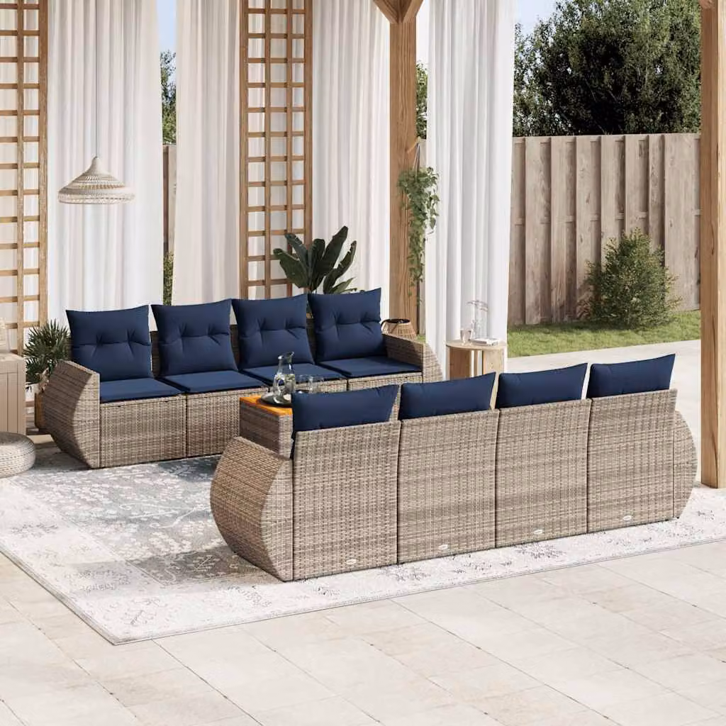 Set di divani da giardino vidaXL in polyrattan 9 pezzi con cuscini grigi e blu e tavolino da caffè per esterno