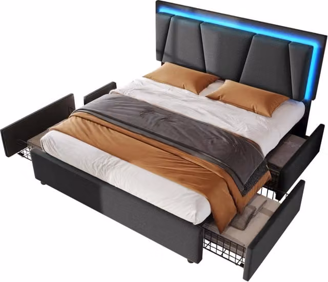 Letto matrimoniale imbottito 160x200 con LED， 4 cassetti， testiera regolabile e struttura resistente， grigio， senza materasso