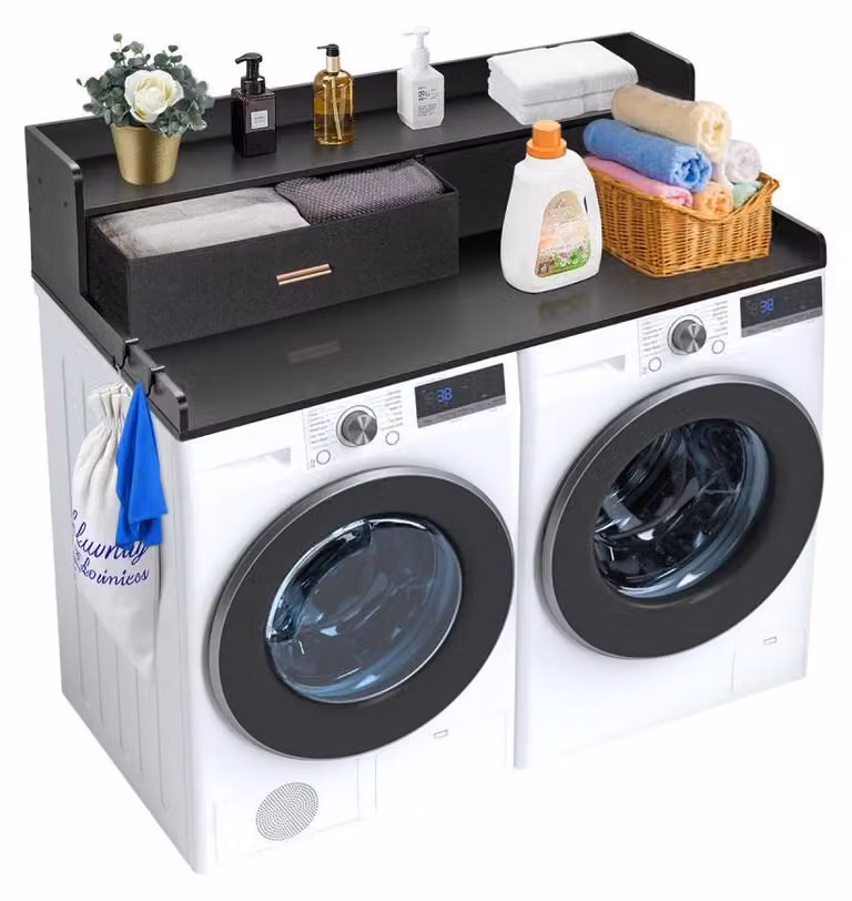Mobiletta per lavatrice, dimensioni 1370 x 700 x 305 mm, colore nero, con 2 cassetti