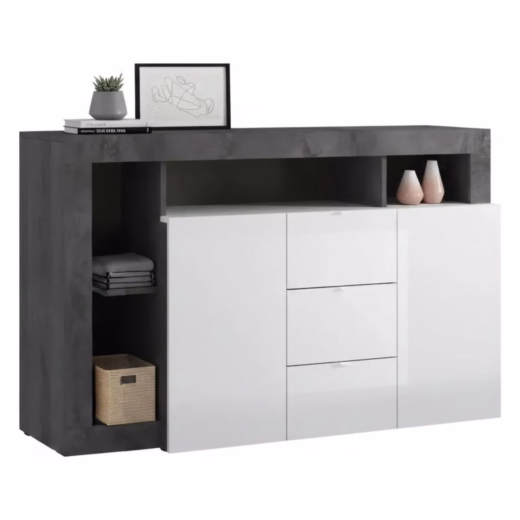 Credenza Atlantica DMORA, Buffet e Madia da Soggiorno o Cucina, Bianco Lucido e Ardesia, L: 146 cm, P: 42 cm, H: 93 cm – 2