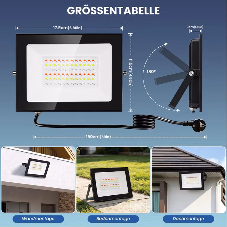 Lampada LED RGB - 50 W, confezione da 5 pezzi - Grado di protezione IP66 - Cambio colore - Per uso esterno - Impermeabile - Con spina