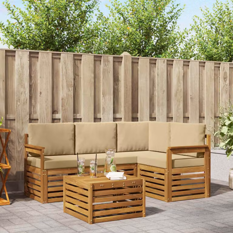 Set di divani da esterno vidaXL a forma di L con tavolo da caffè, composto da 5 pezzi in legno di acacia e tessuto beige e marrone