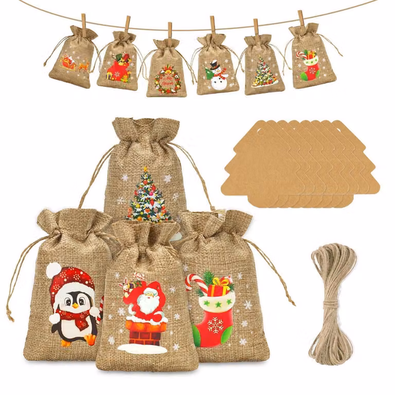 Calendario dell'Avvento con 24 sacchetti di juta da riempire, dimensioni 10x15 cm, con decorazioni e corda di juta