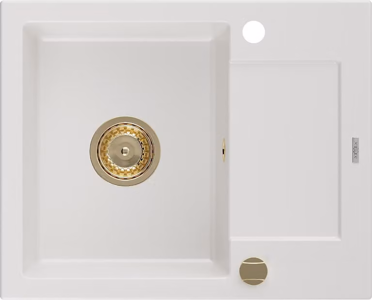 Mexen Enzo lavello in granito a 1 vasca con sgocciolatoio 576 x 465 mm, bianco, sifone dorato - 6506571005-20-G