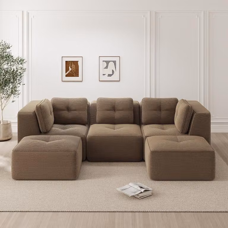 Divano angolare modulare con poggiapiedi, divano a 3 posti in tessuto corda color marrone, dimensioni 297x177x69 cm, divano da assemblare con seduta profonda 74 cm