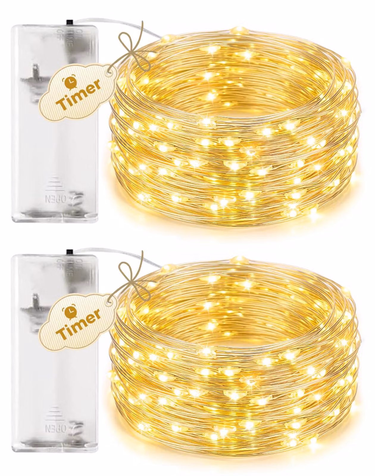 Catena luminosa, 2 pezzi, alimentata a batteria, con timer, lunghezza 2 metri, 20 LED, luce bianco caldo