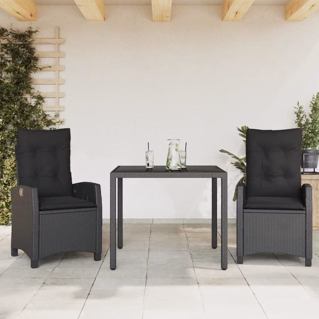 Set da Pranzo da Giardino 3 pz vidaXL in Polyrattan Nero con Cuscini e Tavolo in Vetro – 1