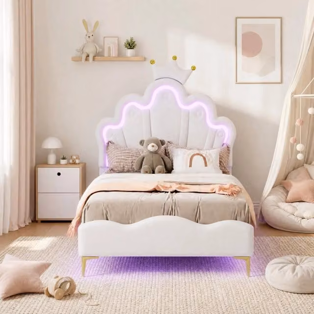 Letto Mivray con testiera a corona, illuminazione LED regolabile tramite app e rivestimento in similpelle PU, Bianco, L/P/H: 90 x 200 x 129 cm