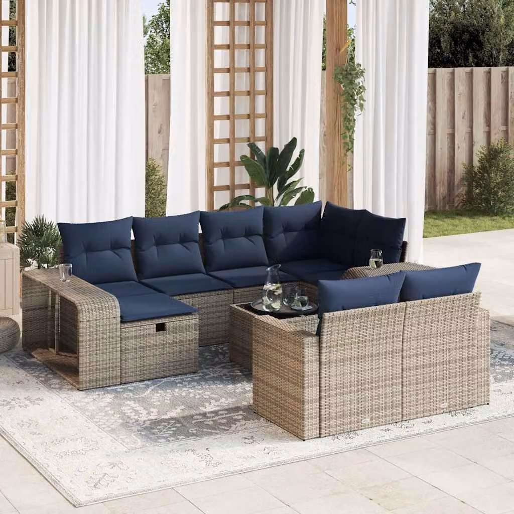 Set di divani da giardino vidaXL 11 pezzi con cuscini in polyrattan e struttura in metallo grigio a forma di U per esterno
