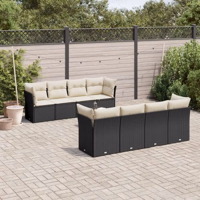 Set Divano da Giardino a L vidaXL 9 pz con Tavolino e Cuscini, Nero e Bianco