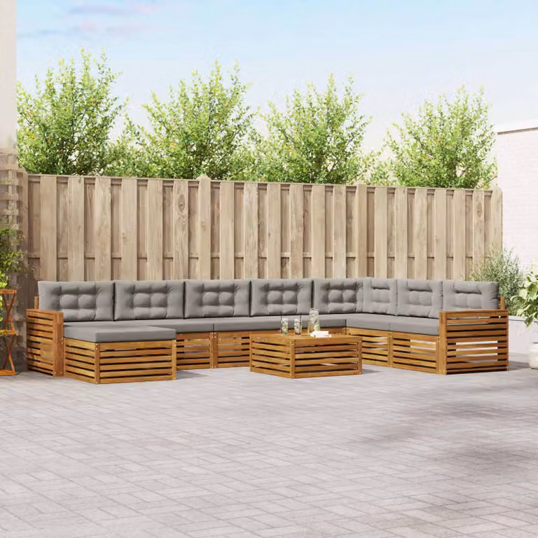 vidaXL Set di divani da esterno a L in legno di acacia con tavolino e pouf, 9 pezzi, Grigio e Marrone