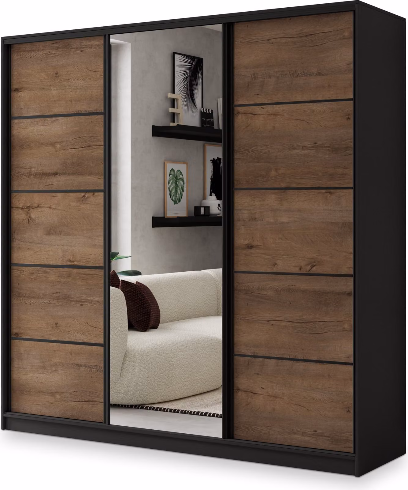 Armadio scorrevole Masseno NATA 200/205/58 cm Armadio con 4 cassetti Armadio per camera da letto a 3 ante con specchio Nero / Rovere Lefkas