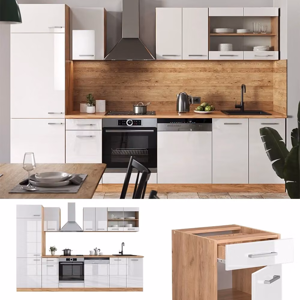 Cucina componibile moderna Vicco R-Line Bianco lucido e Rovere dorato L: 300 cm – 2