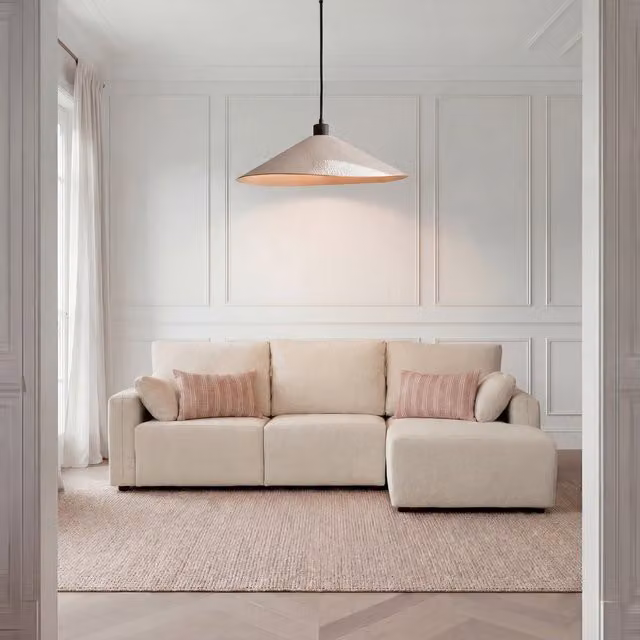 Divano Altea Banak a 3 posti con chaise longue destra, modello moderno beige con sedili regolabili e cuscini inclusi