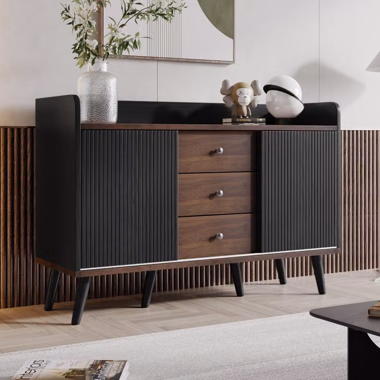 okwish 117,5 cm Mobile da cucina in legno nero con ripiani portaoggetti, armadio a muro con tre cassetti e ante scorrevoli a righe, credenza per soggiorno