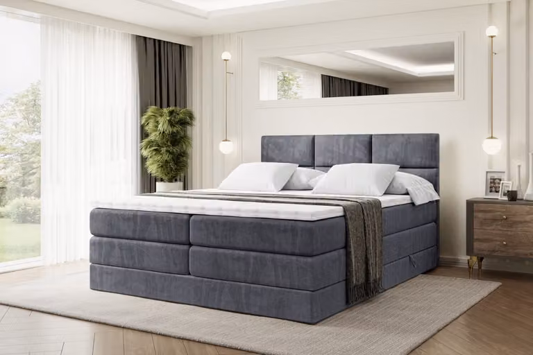 Letto boxspring ALTDECOR con 2 materassi e topper - 160x200 cm - OHIO KING - Velluto grigio scuro - Letto imbottito con materassi H3 e H4, contenitore e rete a doghe, letto con spazio contenitivo