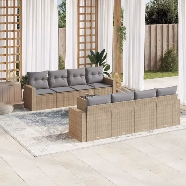 Set Divano da Giardino 9 pz con Cuscini Beige in Polyrattan 3251086